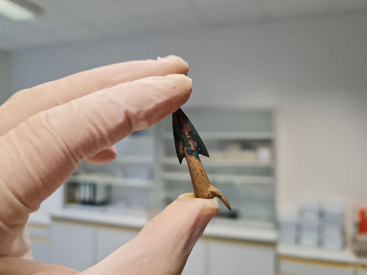 <i>Leif Inselmann via CNN Newsource</i><br/>Lead study author Leif Inselmann holds one of the arrowheads recovered from Mecklenburg-Western Pomerania