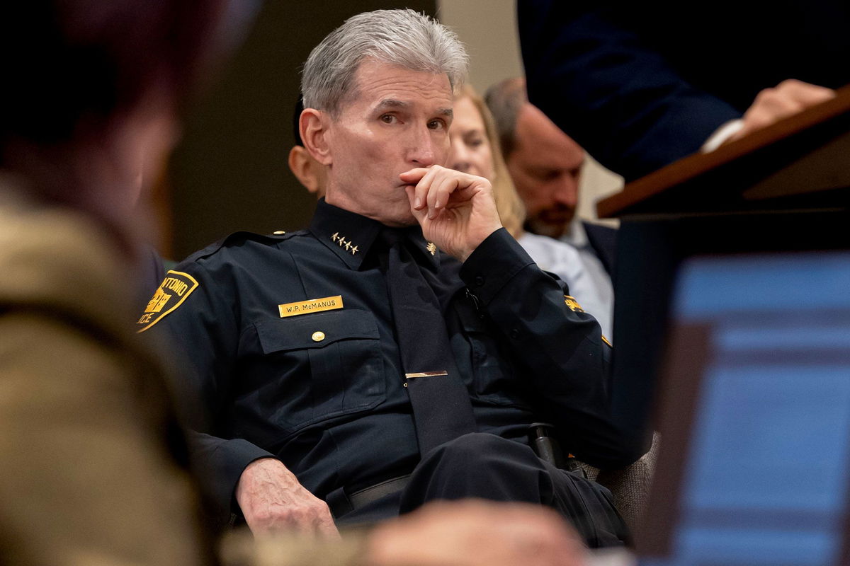 <i>Josie Norris/San Antonio Express-News/Getty Images via CNN Newsource</i><br/>Police Chief William McManus listens to questions during a September 17 meeting of the City Council's Public Safety Committee at City Hall in San Antonio.