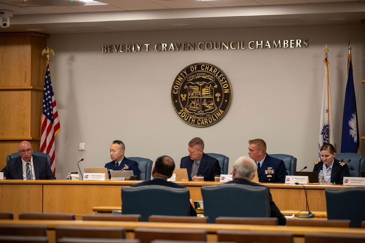 <i>Laura Bilson/Pool/The Post And Courier/AP via CNN Newsource</i><br/>Members of the Coast Guard's Titan Submersible Marine Board of Investigation listen during the hearing inside the Charleston County Council Chambers on September 23