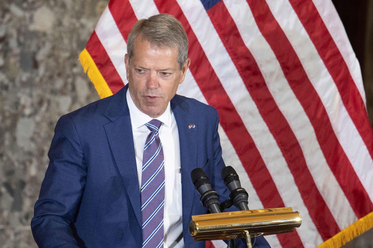 <i>Jim Watson/AFP/Getty Images/File via CNN Newsource</i><br/>Nebraska Governor Jim Pillen speaks during a statue dedication ceremony for US writer and novelist Willa Cather