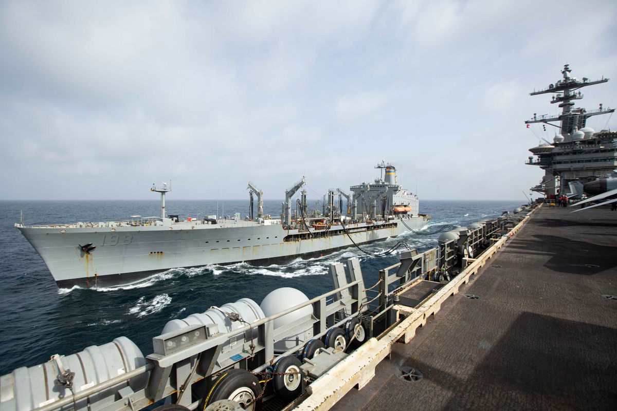 <i>US Navy/AP via CNN Newsource</i><br/>This handout photo from the U.S. Navy shows the Henry J. Kaiser-class fleet replenishment oiler USNS Big Horn sailing alongside the aircraft carrier USS Abraham Lincoln on Sept. 11