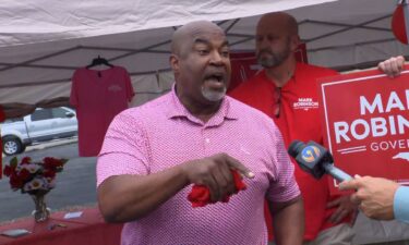 North Carolina gubernatorial nominee Mark Robinson speaks to the media September 23 in Wilkesboro