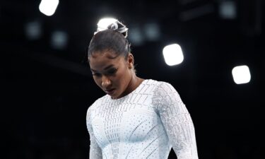 Jordan Chiles of Team USA looks on ahead of the apparatus floor final on day ten of the Olympic Games Paris 2024 at Bercy Arena on August 5 in Paris