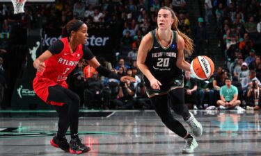 Sabrina Ionescu dribbles the ball during the game against the Atlanta Dream on September 24.