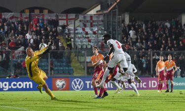 Bukayo Saka scores England's 10th goal during the 2022 FIFA World Cup qualifier against San Marino.