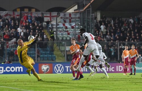 Bukayo Saka scores England's 10th goal during the 2022 FIFA World Cup qualifier against San Marino.