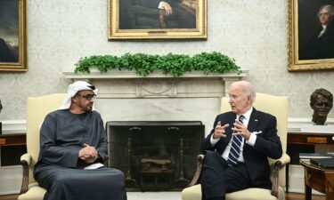 US President Joe Biden speaks during a meeting with President of the United Arab Emirates Sheikh Mohamed bin Zayed al-Nahyan in the Oval Office of the White House in Washington