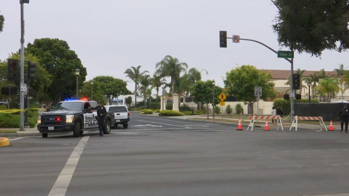 <i>KEYT via CNN Newsource</i><br/>Police are seen near the scene of an explosion at the Santa Maria Superior courthouse on September 25 in Santa Maria