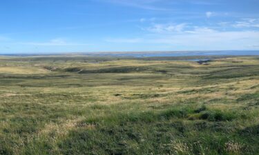 A panoramic view of the Falkland Islands shows a windswept