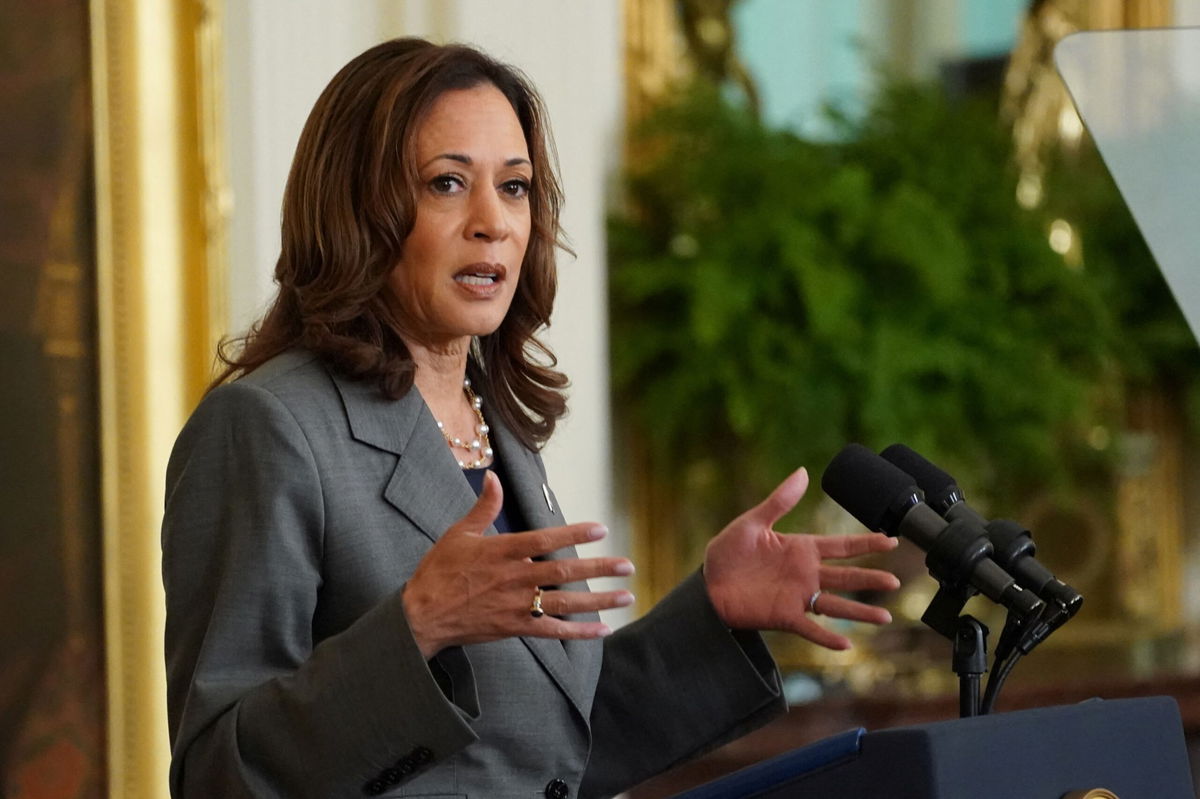 <i>Kevin Lamarque/Reuters via CNN Newsource</i><br/>Vice President Kamala Harris delivers remarks on gun violence in America at an event at the White House in Washington