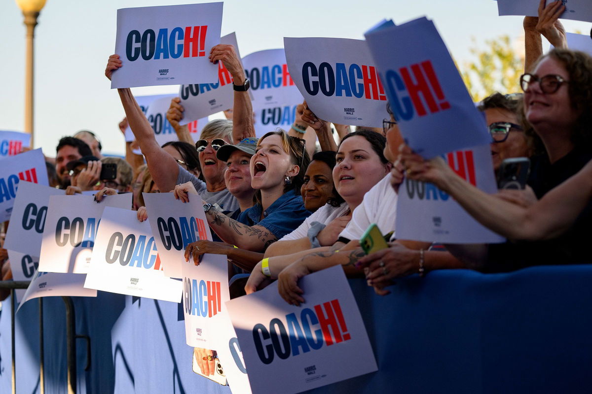 <i>Jeff Swensen/Getty Images/File via CNN Newsource</i><br/>Attendees listen to Walz speak at a campaign rally in Erie