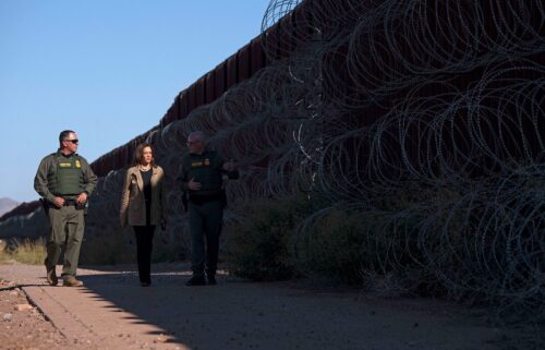 US Vice President and Democratic presidential candidate Kamala Harris visits the US-Mexico border with US Border Patrol Tucson Sector Chief John Modlin