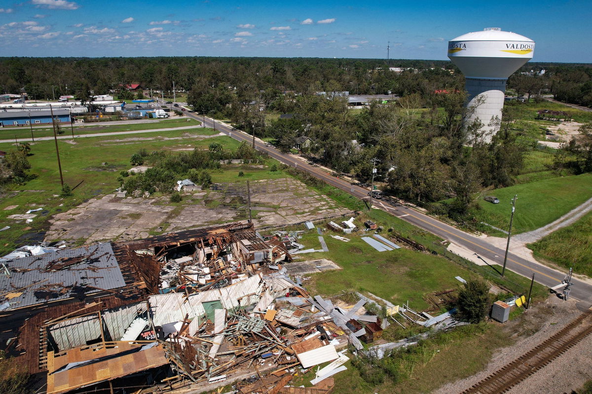 <i>John Falchetto/AFP/Getty Images via CNN Newsource</i><br/>An aerial picture taken on September 28 shows storm damage in the aftermath of Hurricane Helene in Valdosta