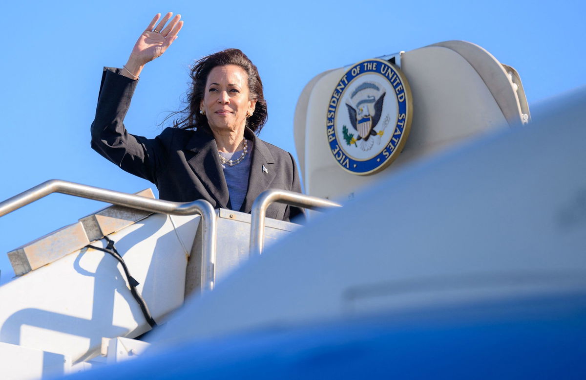 <i>Josh Edelson/AFP via Getty Images via CNN Newsource</i><br/>US Vice President and Democratic presidential candidate Kamala Harris waves as she boards Air Force Two departing San Francisco International Airport in San Francisco