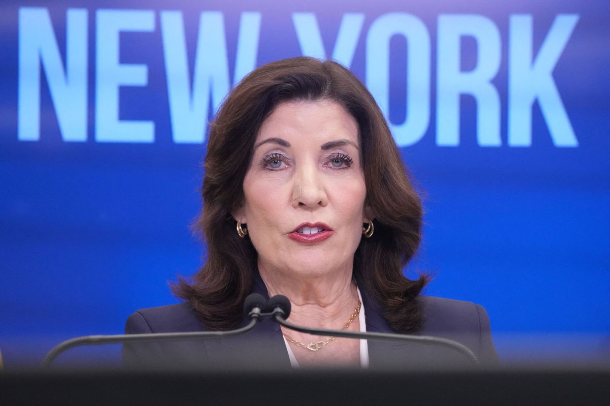 <i>Bryan R. Smith/AFP/Getty Images via CNN Newsource</i><br/>New York Gov. Kathy Hochul at a press on conference at the World Trade Center in New York City on September 30.