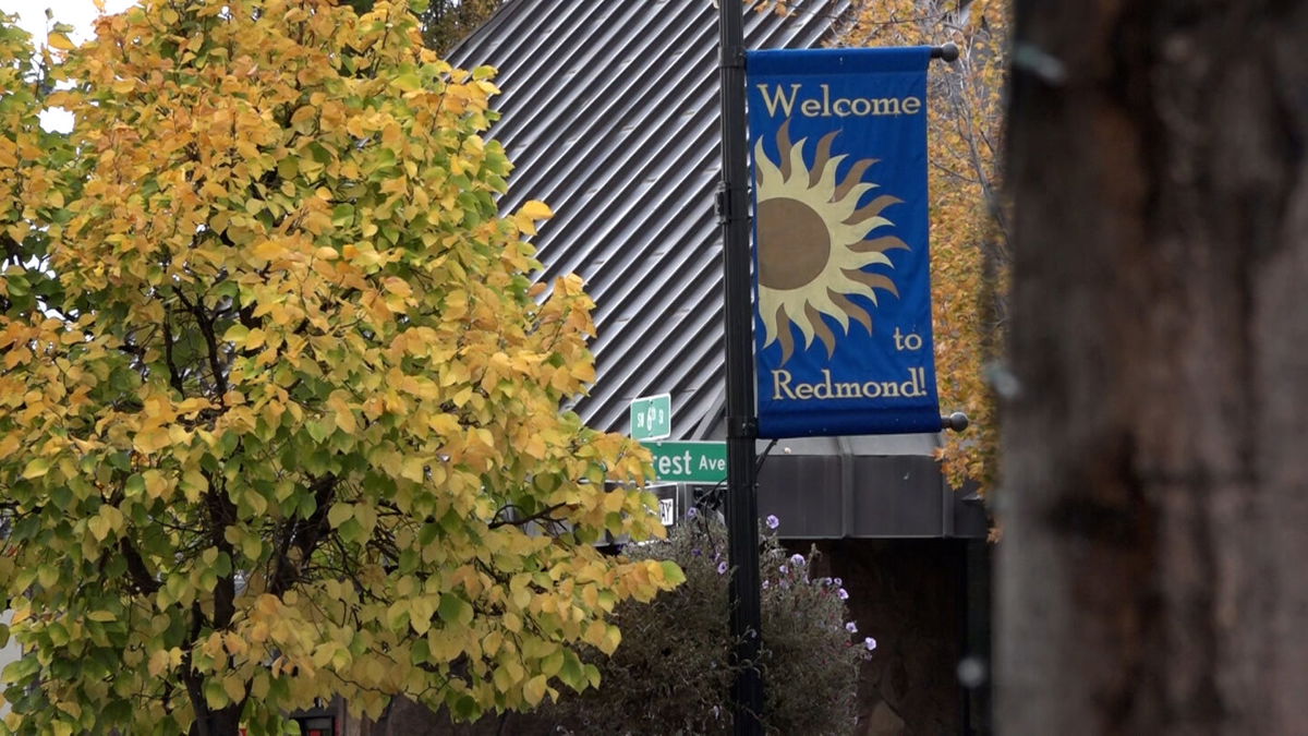 A 'Welcome to Redmond' flag downtown