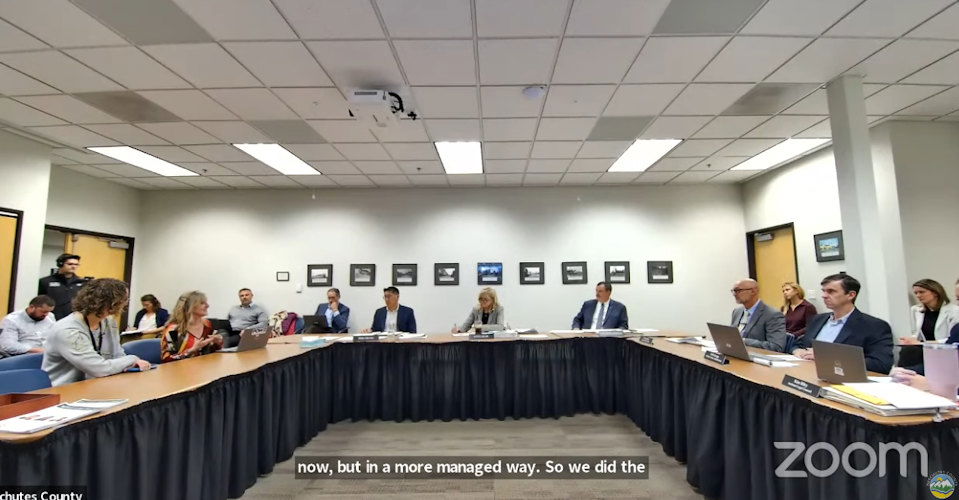 Bend Mayor Melanie Kebler (L), City Attorney Mary Winters appear at Deschutes County commissioners' session revisiting proposed Juniper Ridge 'temporary safe stay area.'