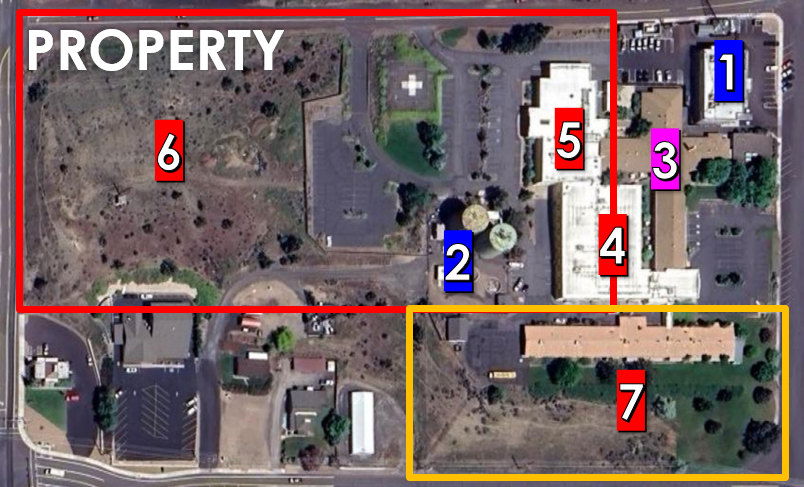 Aerial photo of property shown in  community presentations. The items in yellow and red are the primary areas they are working on.