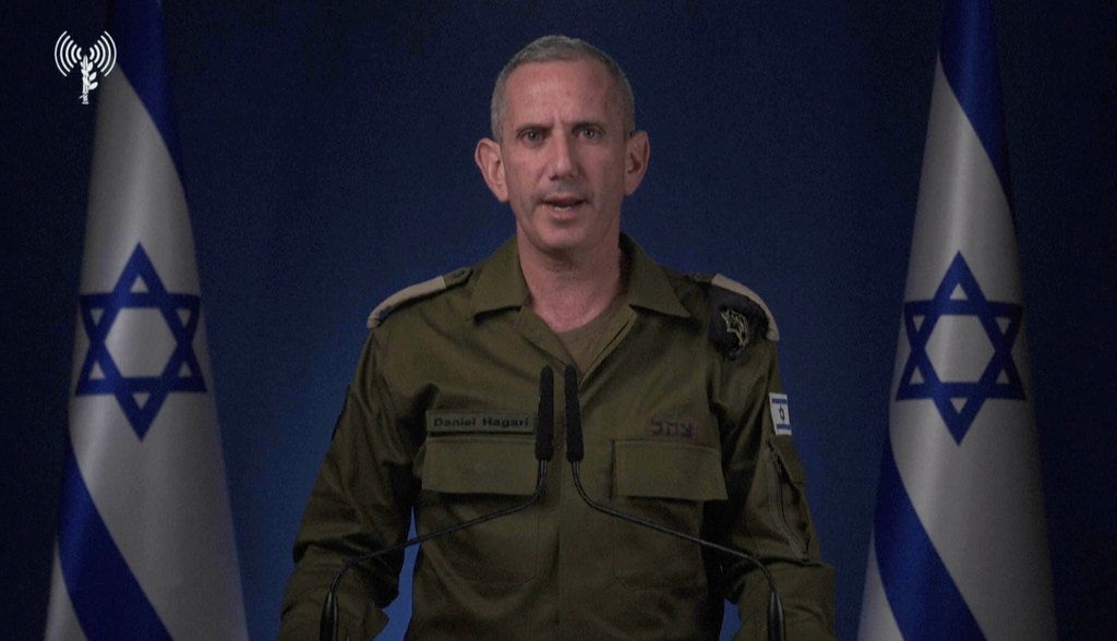 In this image taken from video released by the Israel Defense Forces early Saturday, Oct. 26, 2024, Israeli military spokesperson Rear Adm. Daniel Hagari announces that the IDF is conducting strikes on military targets in Iran. 