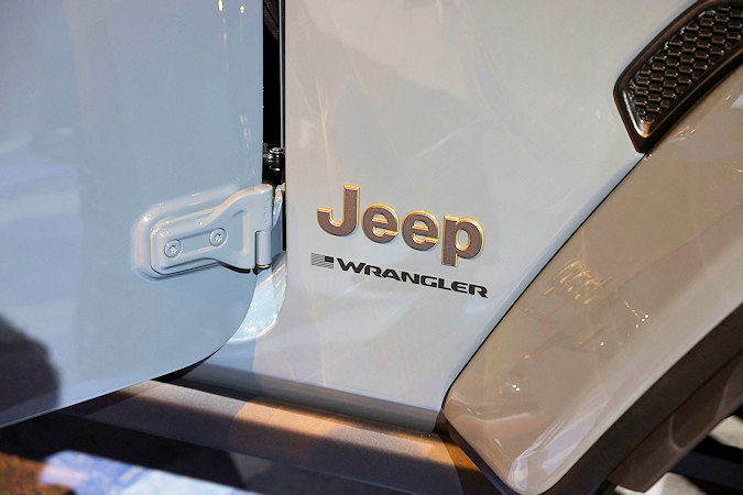 The logo of a 2024 Jeep Wrangler is seen at the New York International Auto Show, in Manhattan, New York on April 5, 2023.