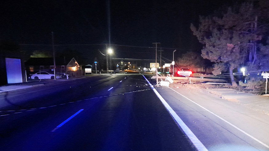 Crash knocked down power pole, left lines across Fourth Street (SB Highway 97) in Madras early Thursday morning