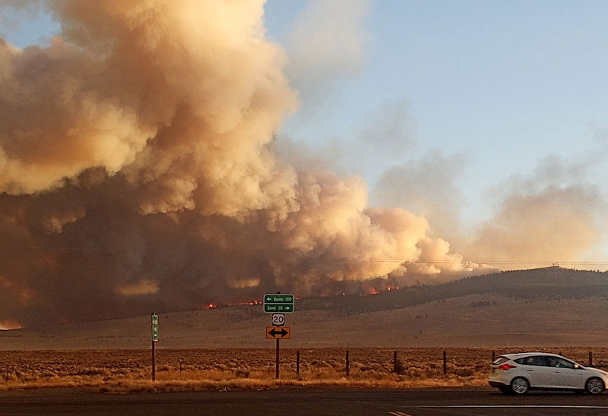 Smoke billows from the Pine Fire on SE side of Pine Mountain, as seen Monday evening, as seen from Highway 20 and George Millican Road