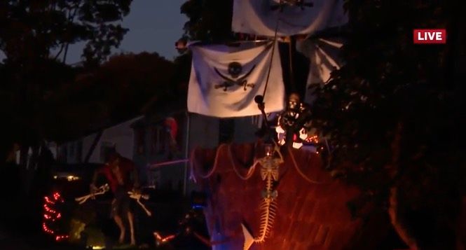 <i>WCVB via CNN Newsource</i><br/>Thirteen-year-old Ted Lahey turned his family's lawn in Waban into a massive pirate ship for Halloween