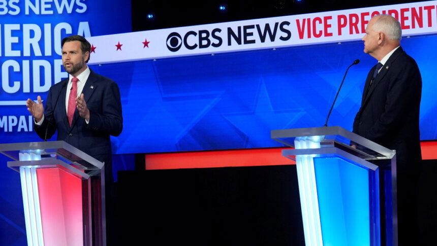 Republican vice presidential nominee Sen. JD Vance, R-Ohio, speaks during a vice presidential debate hosted by CBS News, with Democratic vice presidential candidate Minnesota Gov. Tim Walz, Tuesday, Oct. 1, 2024, in New York. 