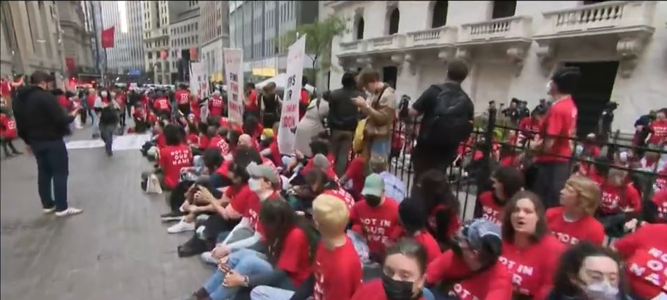 <i>WCBS/WLNY via CNN Newsource</i><br/>A demonstration against U.S. aid being sent to Israel led to more than 200 arrests outside the New York Stock Exchange