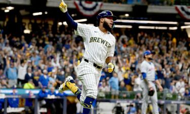 Jackson Chourio reacts after hitting a home run during the first inning.