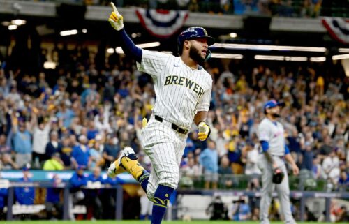 Jackson Chourio reacts after hitting a home run during the first inning.