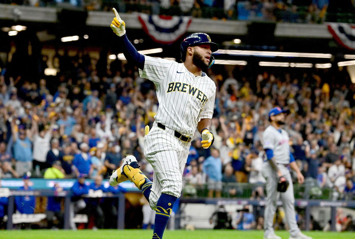 <i>Benny Sieu/USA TODAY Sports/Reuters via CNN Newsource</i><br/>Jackson Chourio reacts after hitting a home run during the first inning.