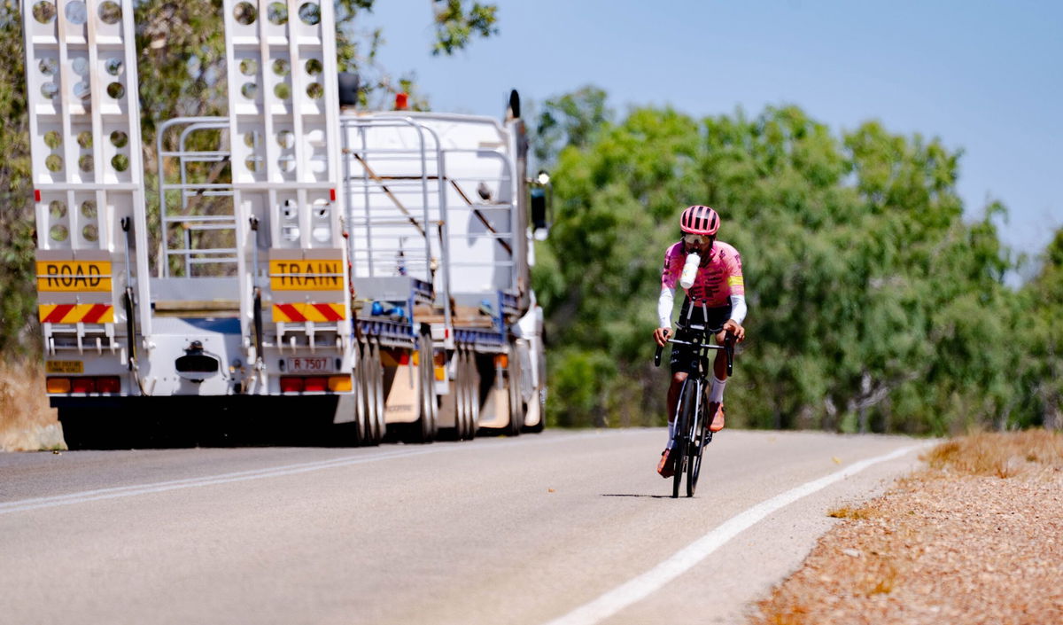 <i>Karter Machen/EF Education-EasyPost via CNN Newsource</i><br/>Morton has had to negotiate large trucks on his cycle around Australia.