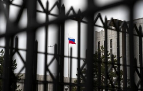 The Russian flag flies above the Embassy of the Russian Federation in Washington