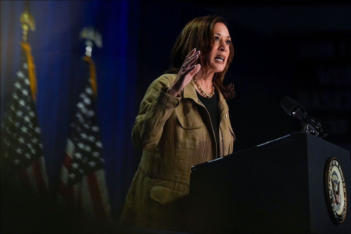 <i>Carolyn Kaster/AP via CNN Newsource</i><br/>Vice President Kamala Harris speaks at Cochise College Douglas Campus in Douglas