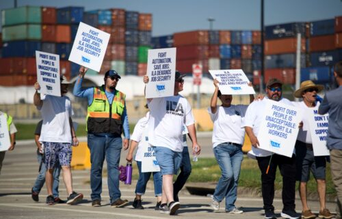 Striking workers hold up signs and march in front of the Bayport Container Terminal in Seabrook