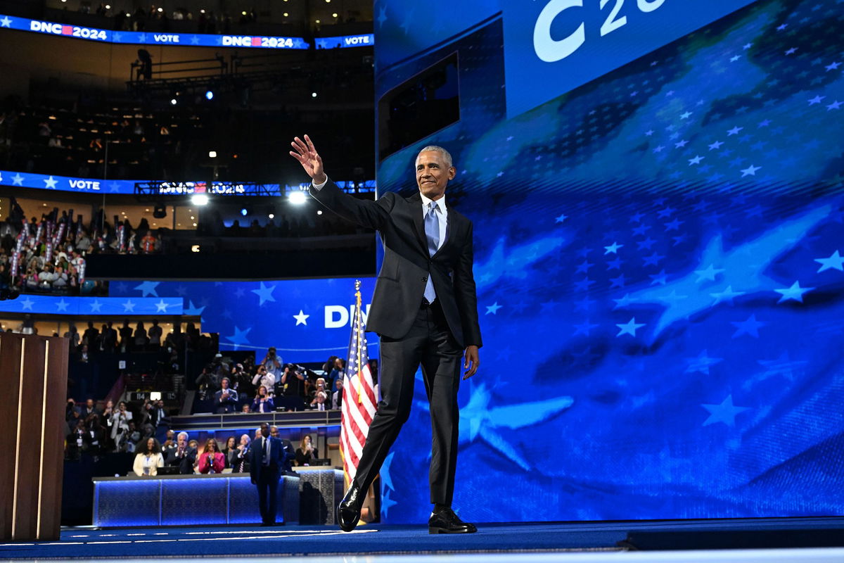 <i>Austin Steele/CNN via CNN Newsource</i><br/>Former President Barack Obama walks off stage after speaking during the DNC on Tuesday