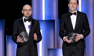 Demis Hassabis (left) and John Jumper accept awards during the 10th Breakthrough Prize ceremony in Los Angeles in April.