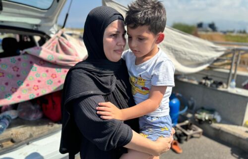 Umm Mohammed and her five-year-old son who escaped the Israeli bombardment of southern Lebanon