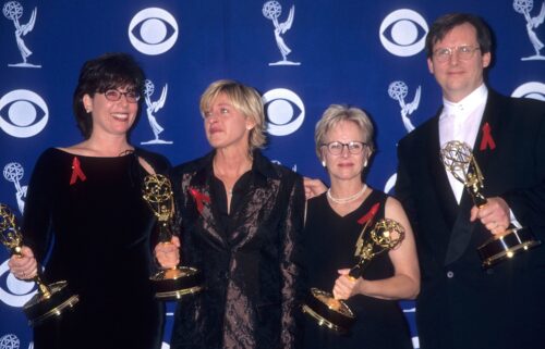 Dava Savel (left) poses with Ellen DeGeneres and writers Tracy Newman and Jonathan Stark at the 1997 Emmy Awards.