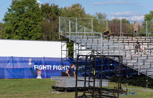 Bleachers are set up ahead of a campaign rally for Republican presidential nominee former President Donald Trump at the Butler Farm Show on Friday