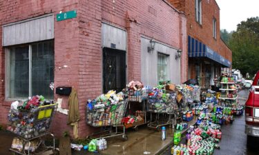 Shopping carts hold damaged products outside of CJ's Market in Lansing