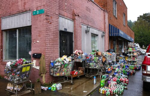 Shopping carts hold damaged products outside of CJ's Market in Lansing