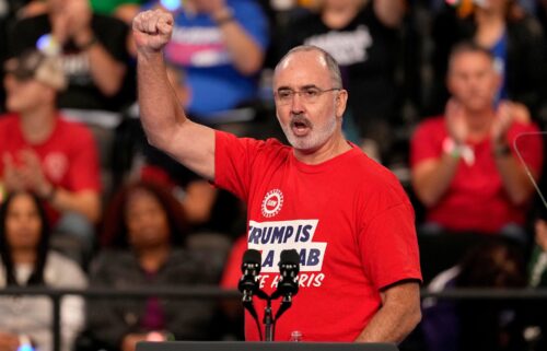 United Auto Workers President Shawn Fain speaks at a campaign rally for Harris in Flint on Friday