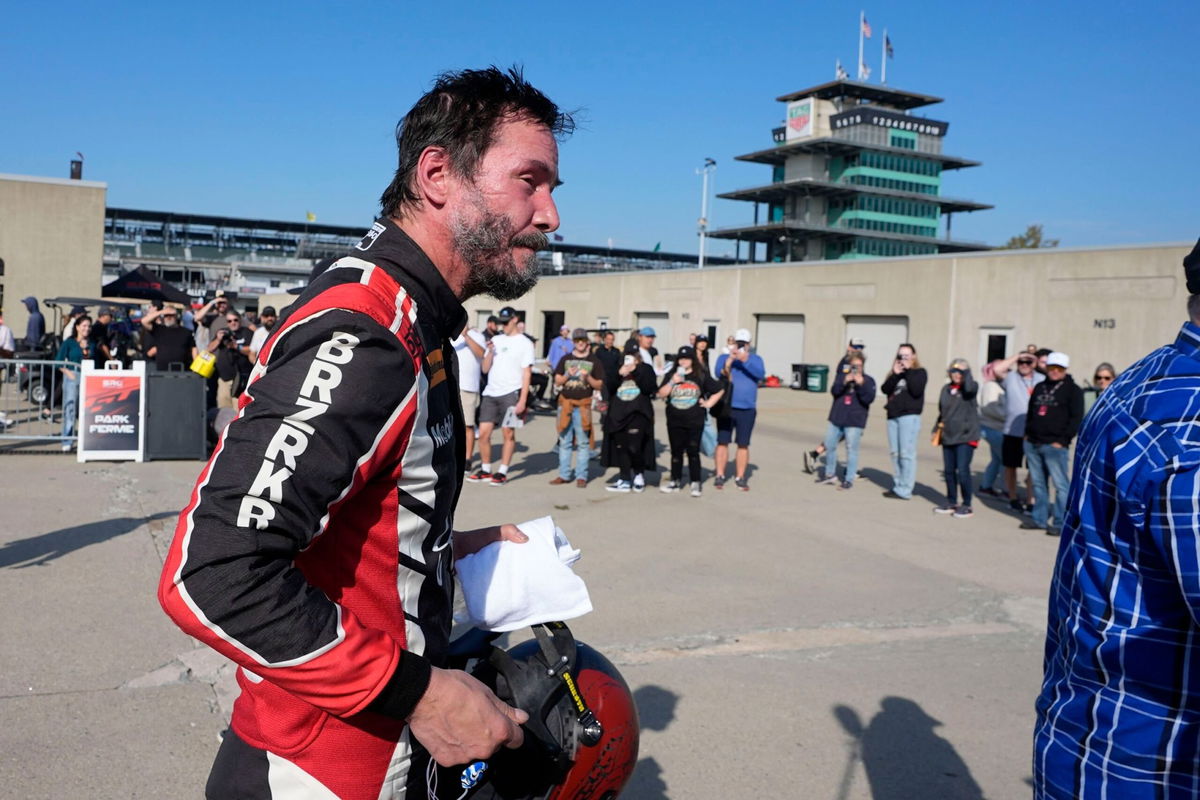 <i>Darron Cummings/AP via CNN Newsource</i><br/>Keanu Reeves at the Indianapolis Motor Speedway on Saturday.