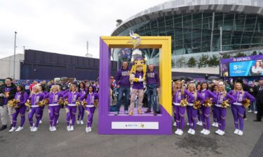 Vikings fans pose with the team's mascot VIktor and cheerleaders before the game against the Jets.