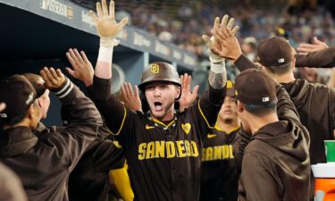 San Diego Padres' Jackson Merrill his two-run home against the Los Angeles Dodgers.