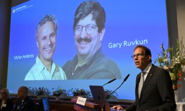 Nobel Committee Secretary General Thomas Perlmann speaks to the media in front of a picture of this year's laureates Victor Ambros and Gary Ruvkum during the announcement of the Nobel Prize in medicine winners on Monday.