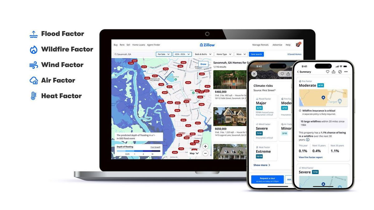 <i>Zillow via CNN Newsource</i><br/>Zillow's new climate risk feature will asses risks from five climate-related categories. It also offers insurance recommendations.