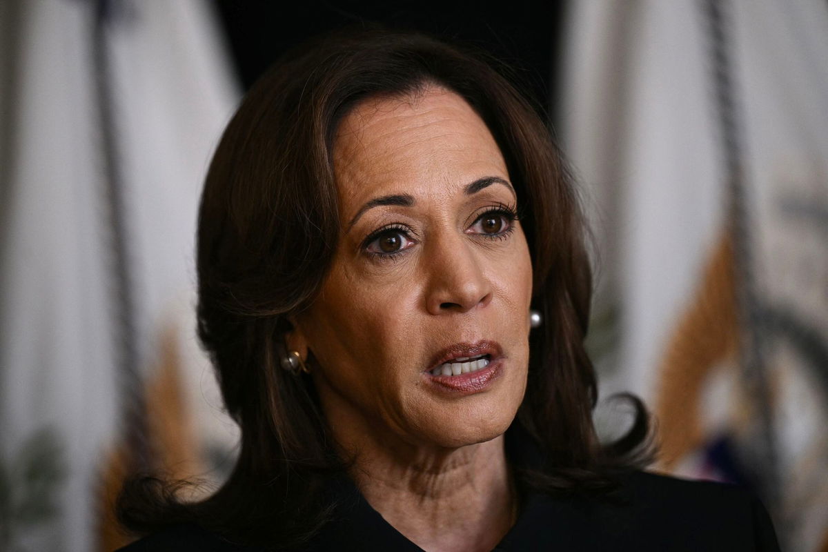 <i>Brendan Smialowski/AFP/Getty Images via CNN Newsource</i><br/>Vice President Kamala Harris speaks after Iran launched around 200 missiles on Israel